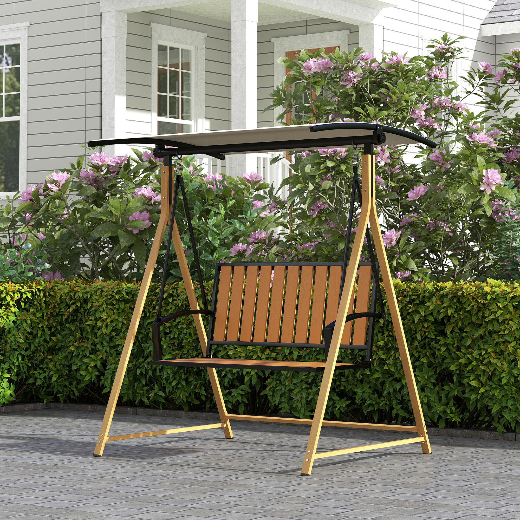 Columpio de Jardín Exterior de 2 Plazas Grano de Madera Balancín de Jardín Exterior con Toldo Ajustable y Estructura de Metal Carga 240 kg 142x112x162 cm Natural y Beige