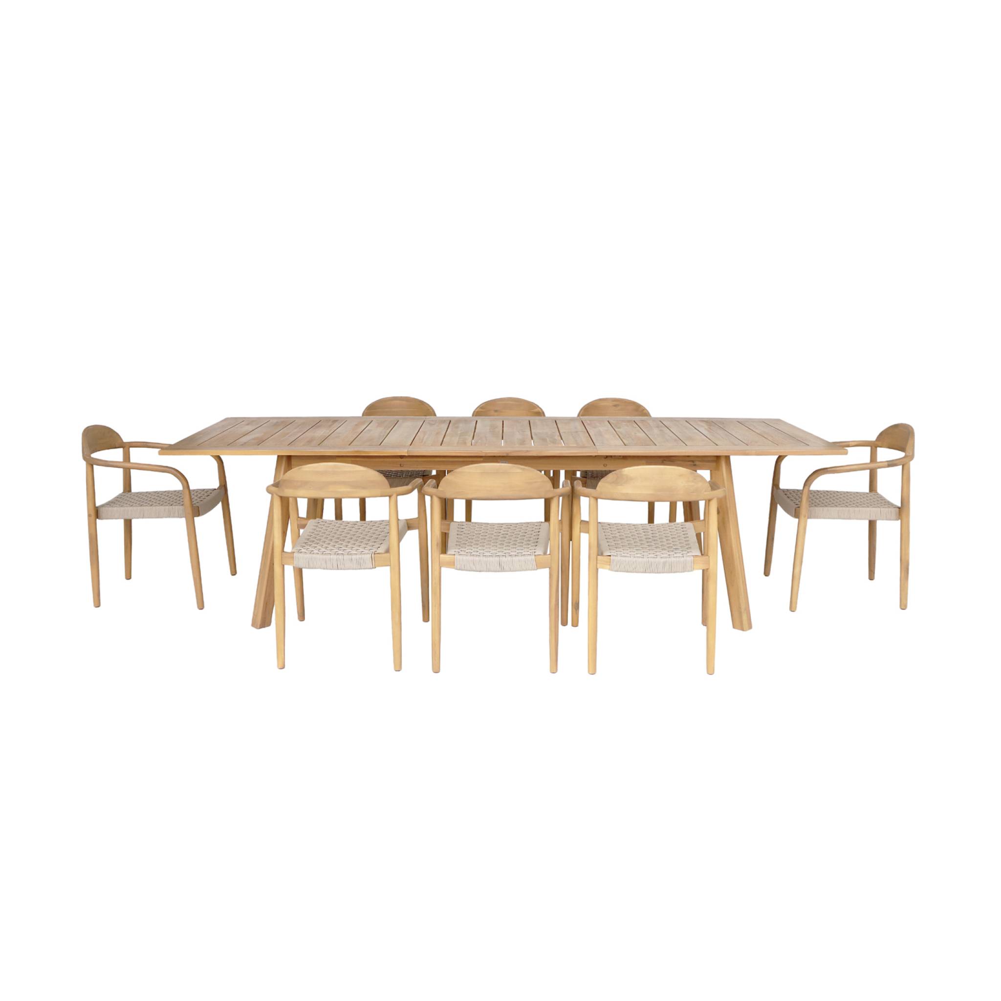 Table de jardin extensible bois d'acacia + 8 assises PALENA et CERINA  naturel et beige 275 x 100 x 75 cm