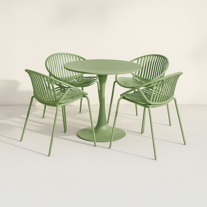 Ensemble de repas table et 4 fauteuils en polypropylène vert CALYPSO