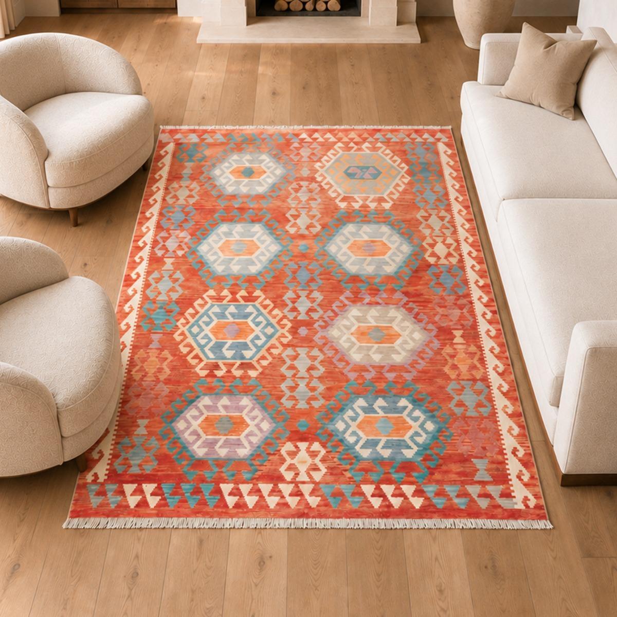 Tapis kilim, motif ethnique, tissage plat artisanal, UROP