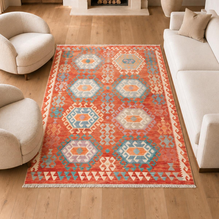 Tapis kilim, motif ethnique, tissage plat artisanal, UROP