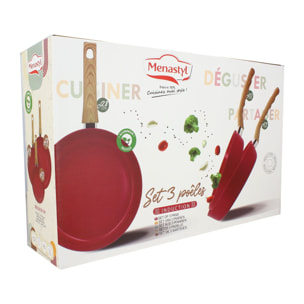 Lot de 3 poêles revêtement céramique magenta - tous feux COLORAMA