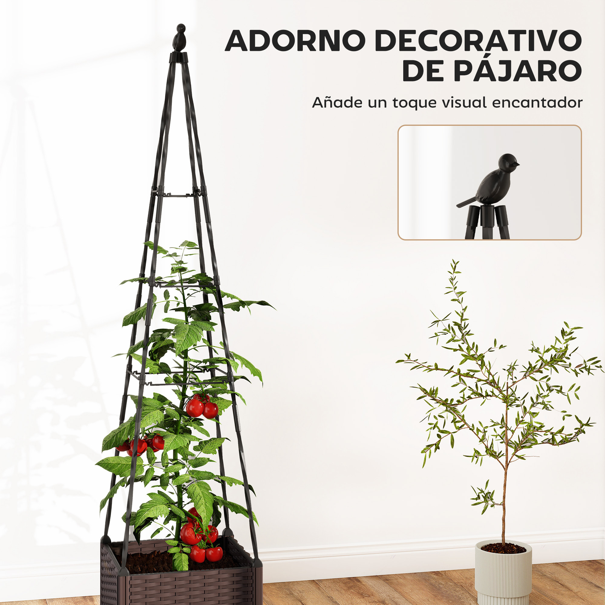 Jardinera con Enrejado Metálico, Jardinera Exterior para Plantas Trepadoras, Maceta de PP con Orificios de Drenaje y Tapones, Macetero Elevado para Jardín, Patio, 40x40x175 cm, Negro