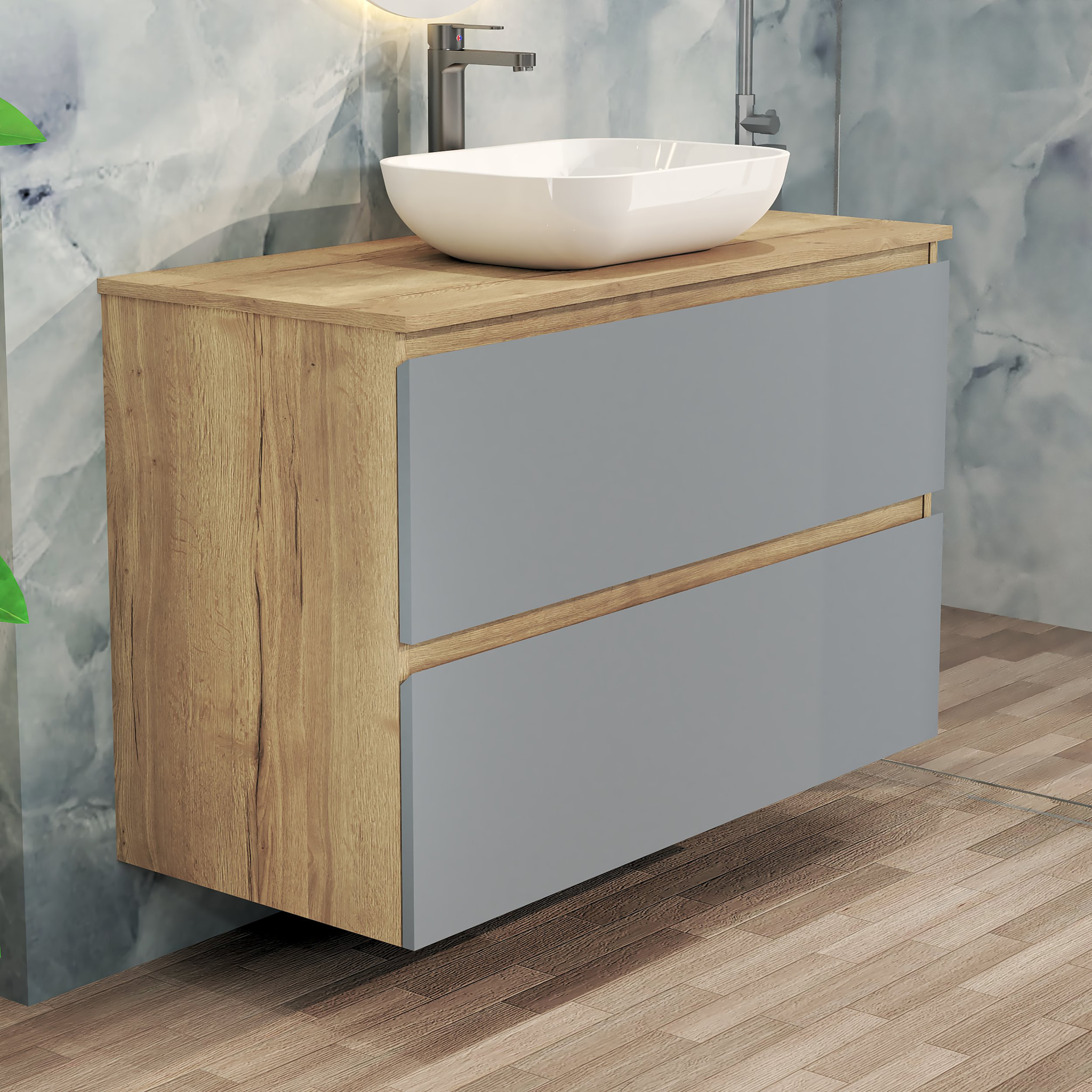 Conjunto de Baño Nia | Mueble Suspendido | 100 cm Azul | Dos Cajones | Lavabo Sobrepuesto | No incluye Espejo | Mueble Montado| Alday