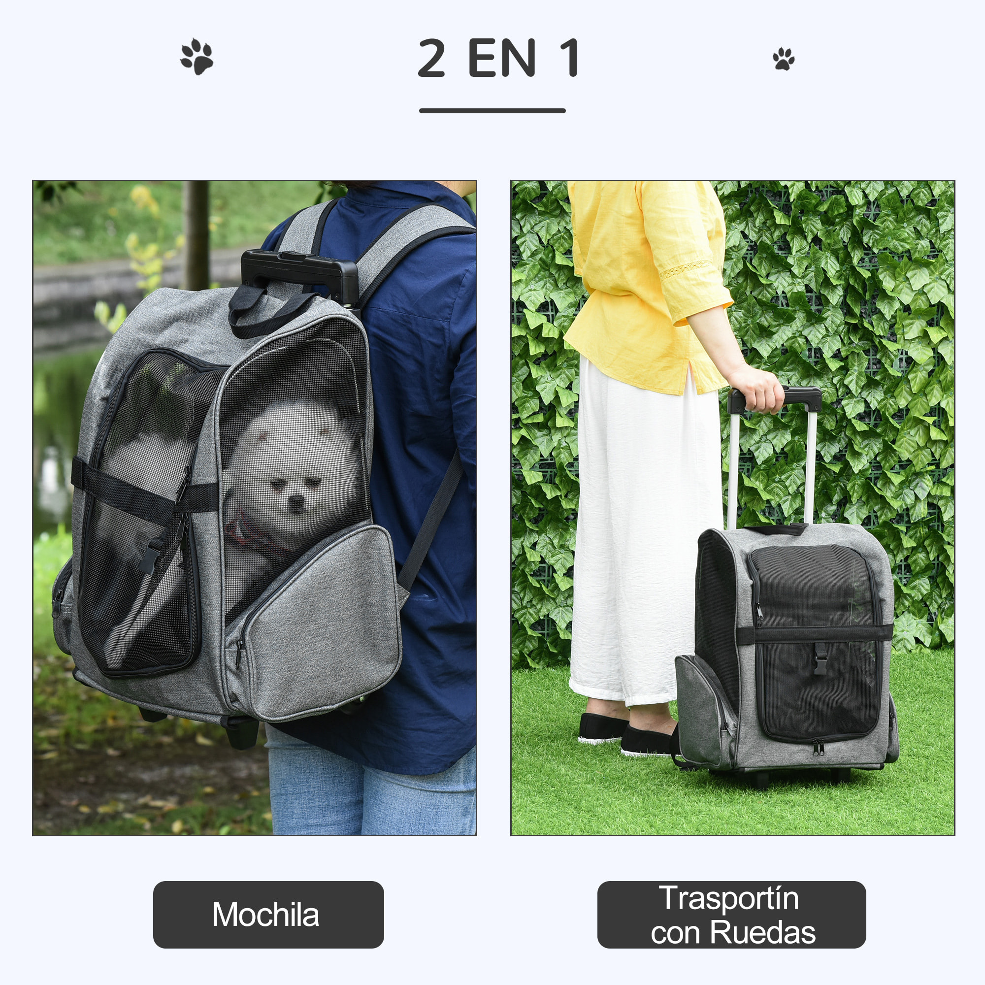 Transportín Carrito para Mascotas 2 en 1 Mochila de Viaje con 2 Ruedas para Perros Gatos con Asa Retráctil de Aluminio y Bolsillos de Almacenaje 42x25x55 cm Gris