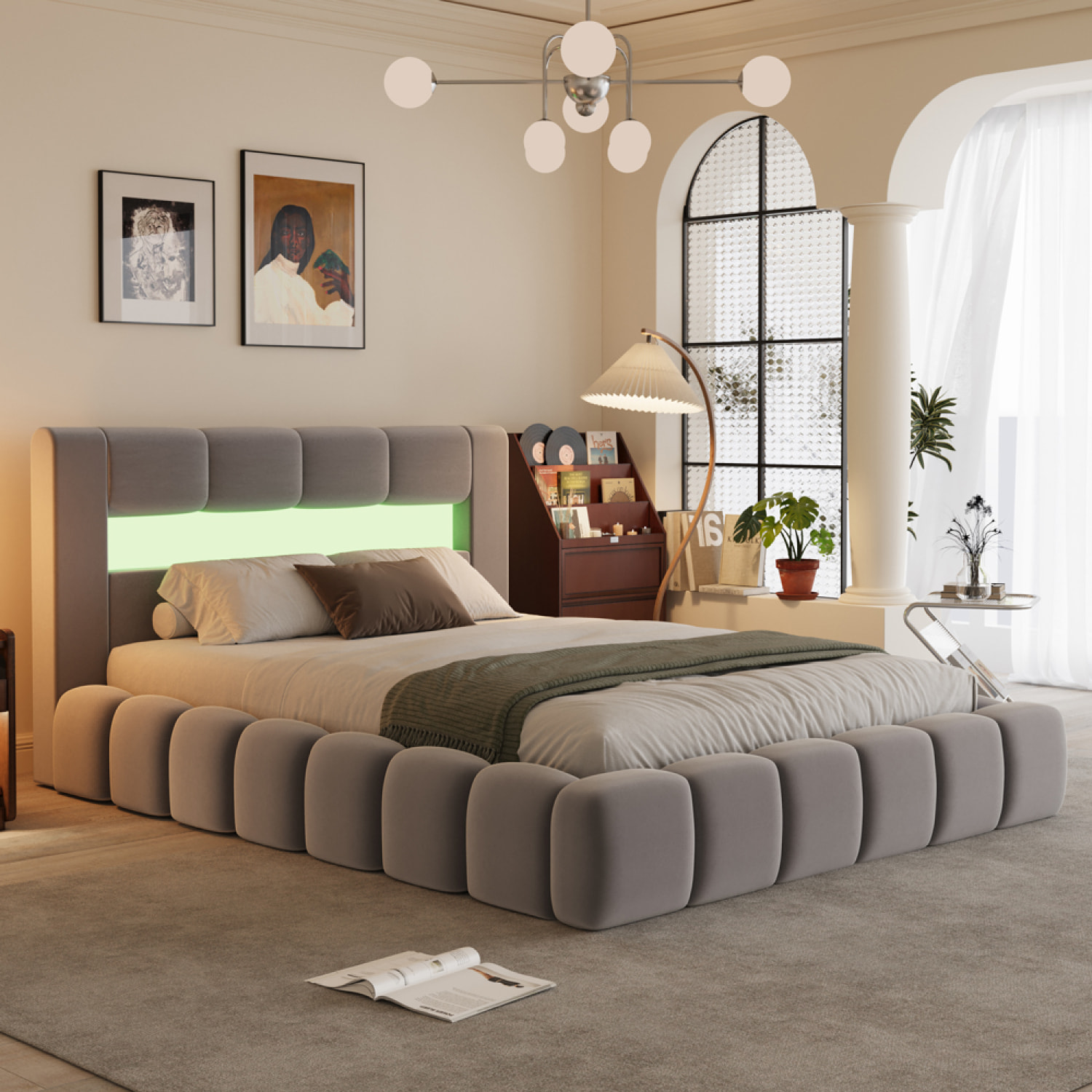 MAKILA Lit nuage coffre LED 140x190cm velours gris avec tête de lit et sommier