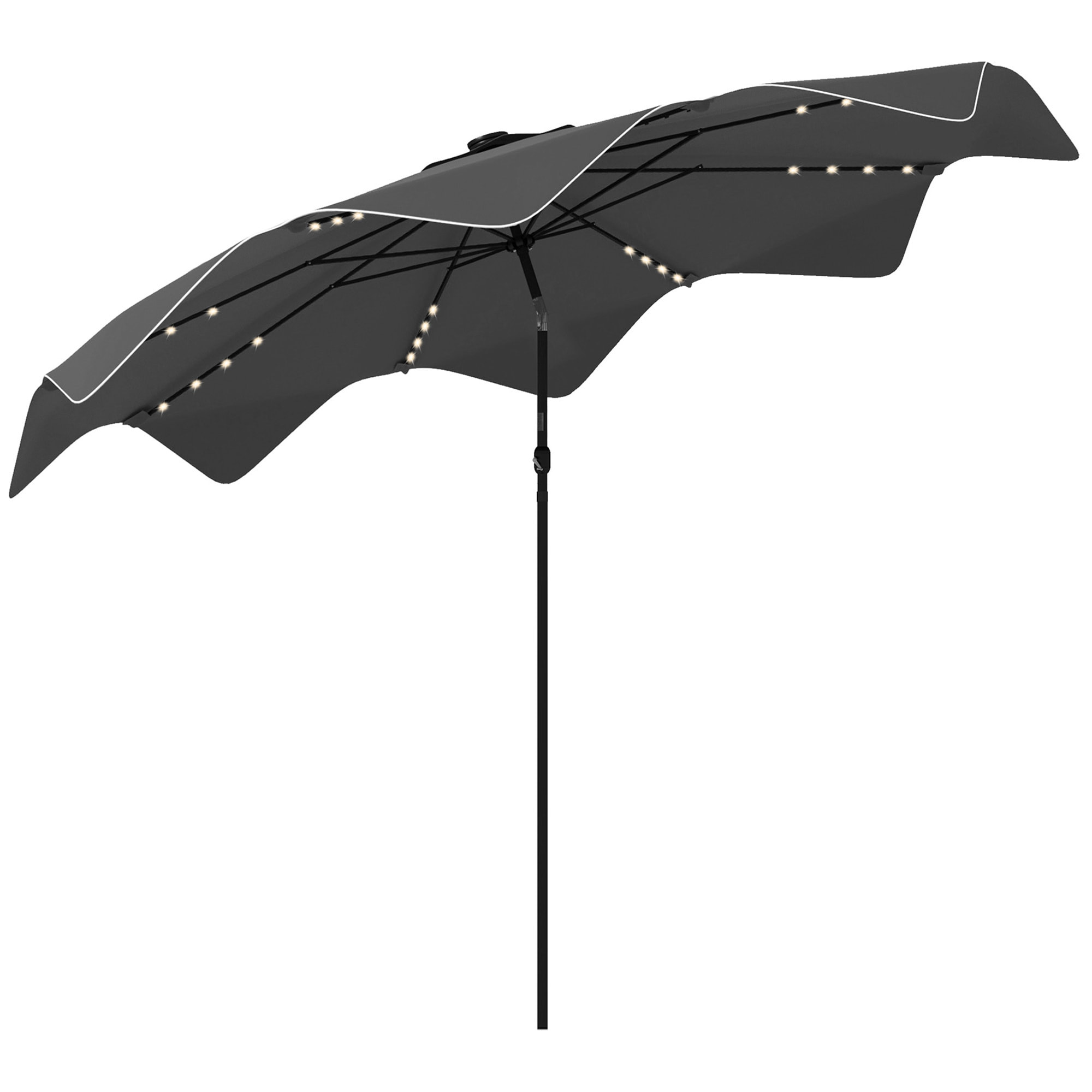 Sombrilla de Jardín Ø292x248 cm Parasol de Terraza Manual con 32 Luces LED Solares 8 Varillas Impermeable y Rejillas de Ventilación para Patio Balcón Gris Oscuro