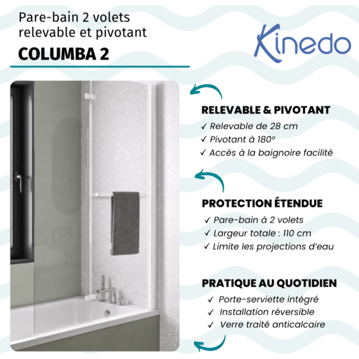 Pare bain relevable et pivotant 110x150cm KINEDO Columba 2 réversible à 2 volets avec porte serviette blanc