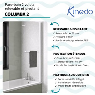 Pare bain relevable et pivotant 110x150cm KINEDO Columba 2 réversible à 2 volets avec porte serviette blanc