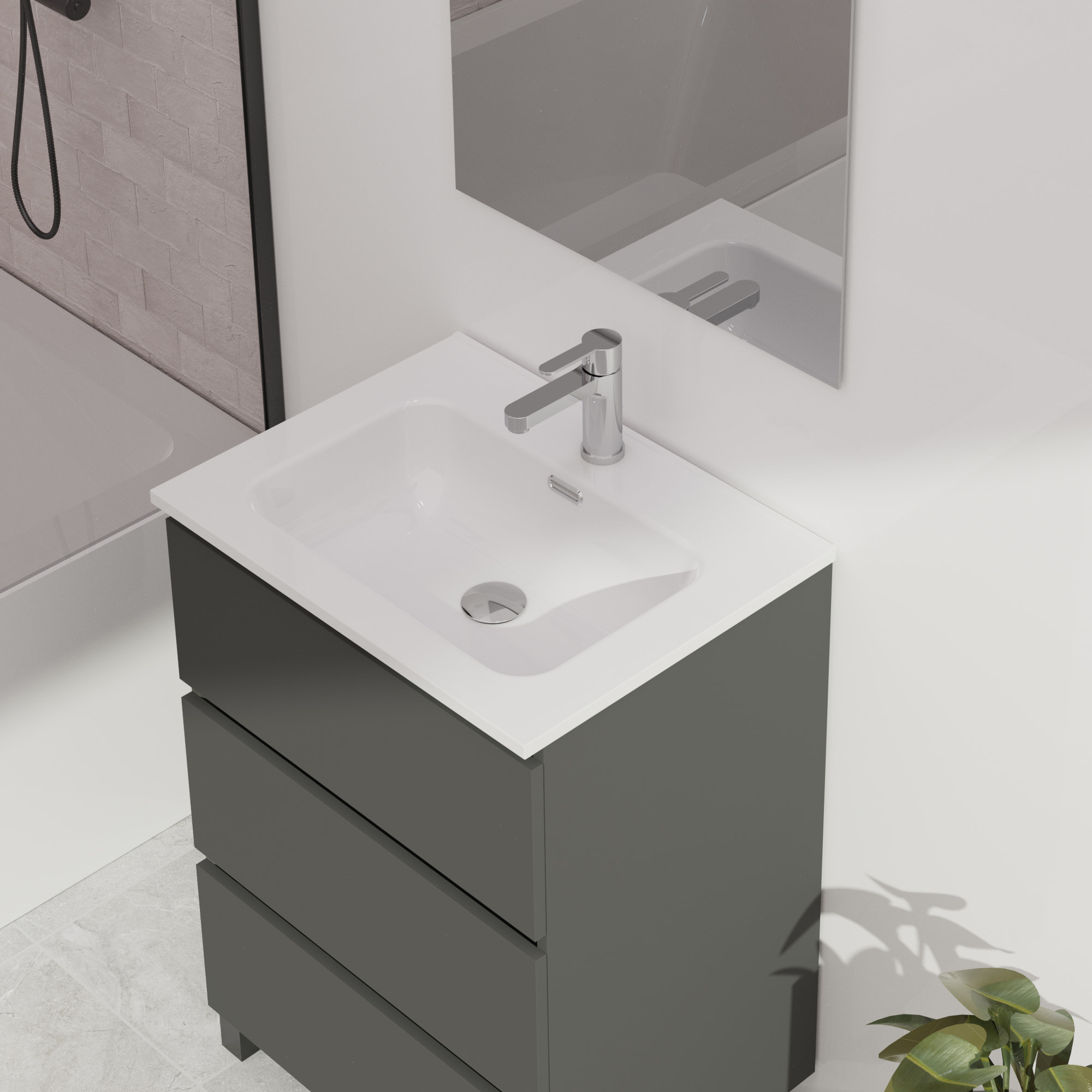 Conjunto de baño Wink | 60 cm Gris Mate | Tres cajones | Lavabo encastrado | No incluye espejo | Mueble montado | Alday