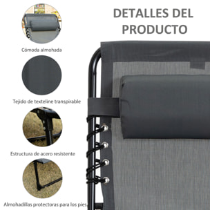 Tumbona Plegable Tumbona Jardín Exterior con Respaldo Ajustable Reposacabezas Acolchado Bolsillo Lateral y Estructura de Acero 185x58x30 cm Gris