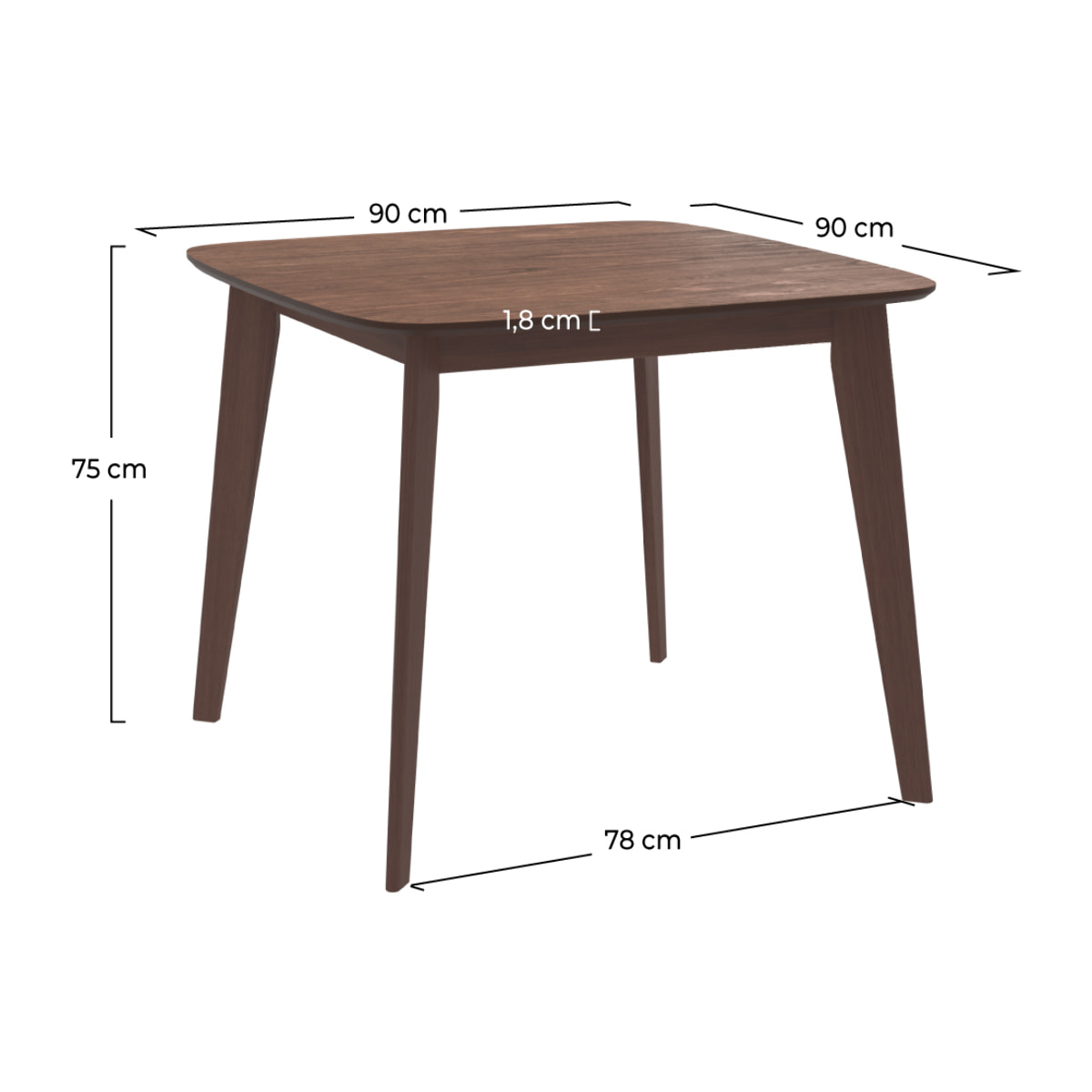 Table carrée 4 personnes en bois foncé finition noyer 90 cm - Julio