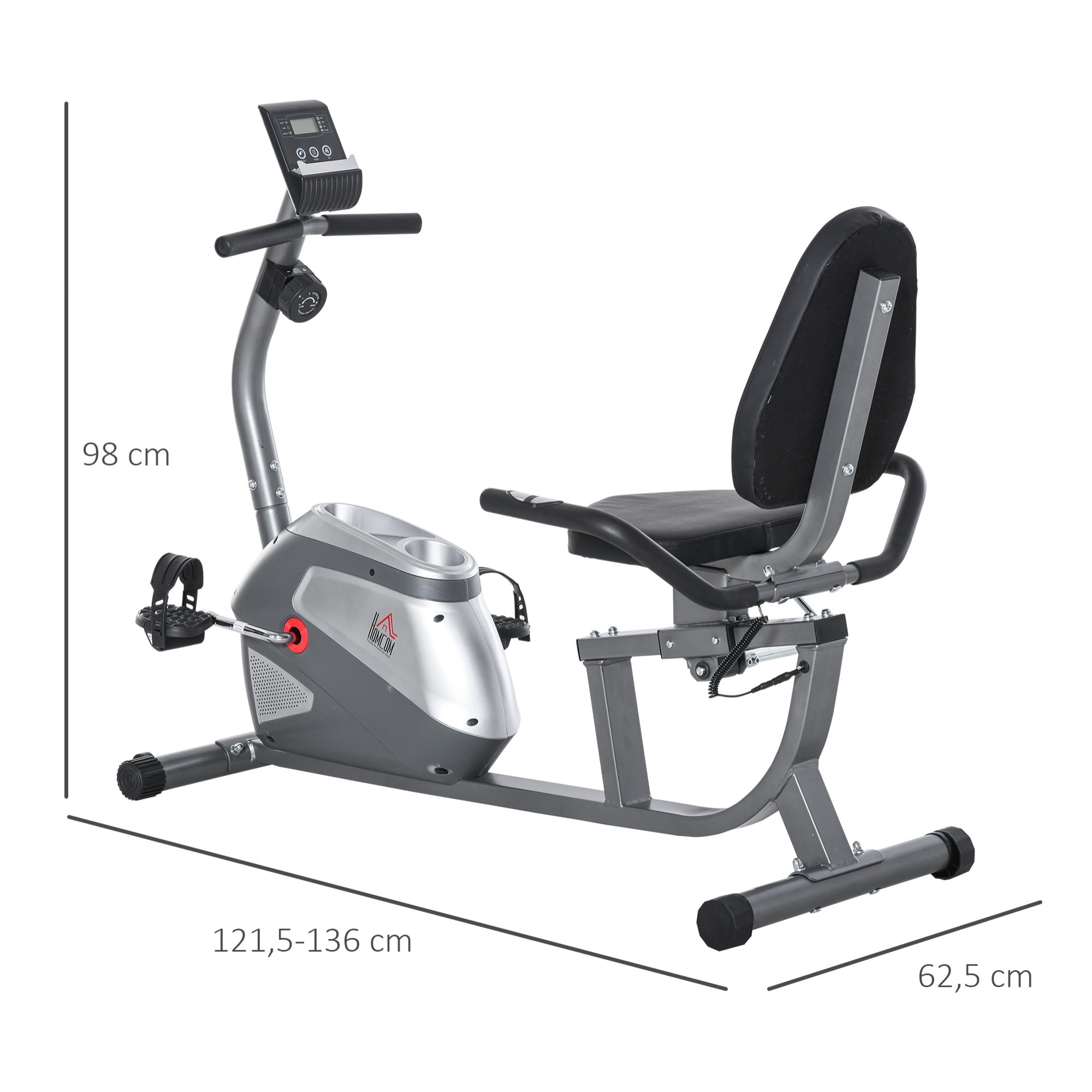 Bicicleta Estática con Respaldo, 8 Niveles Resistencia Magnética, Bicicleta Estática para Casa, con Volante, Asiento Ajustable, Monitor LCD, Pulsómetro, Soporte de Teléfono y Ruedas, Gris