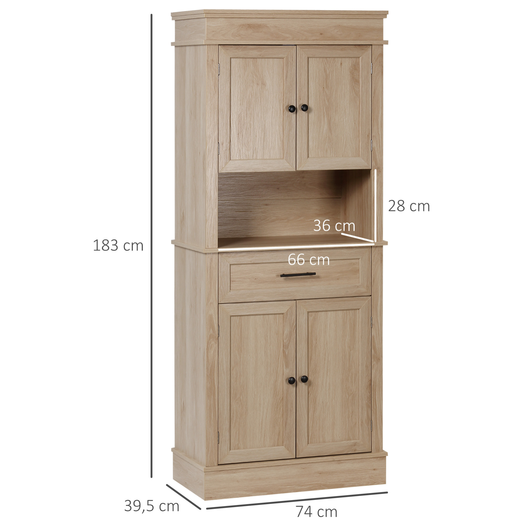 Alacena de Cocina Aparador de Comedor Mueble Auxiliar para Microondas con 4 Puertas 1 Cajón y Estante Abierto para Salón 74x39,5x183 cm Roble