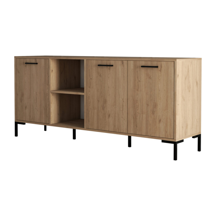 SPRING Buffet 3 portes et 2 niches finition bois et métal noir 180x80cm