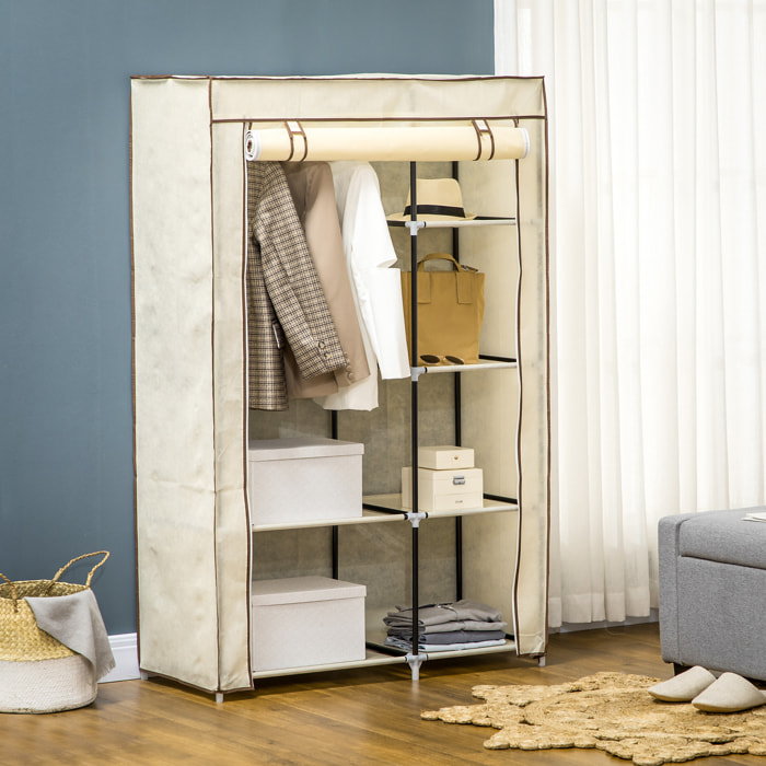 HOMCOM Armario de Tela Plegable Armario de Ropa Organizador Ropero Portátil con 6 Estantes y 1 Barra para Colgar para Dormitorio Vestidor 103x43x162,5 cm Crema