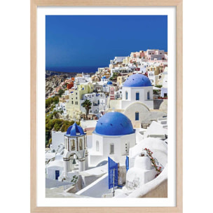 Poster dôme bleu sur les cyclades Affiche + cadre en bois - Chêne