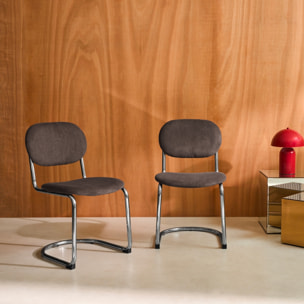 Lot de 2 chaises cantilever arrondie métal. velours côtelé marron et pieds chromés - L 47 x P 54.5 x H 81cm - Maloa