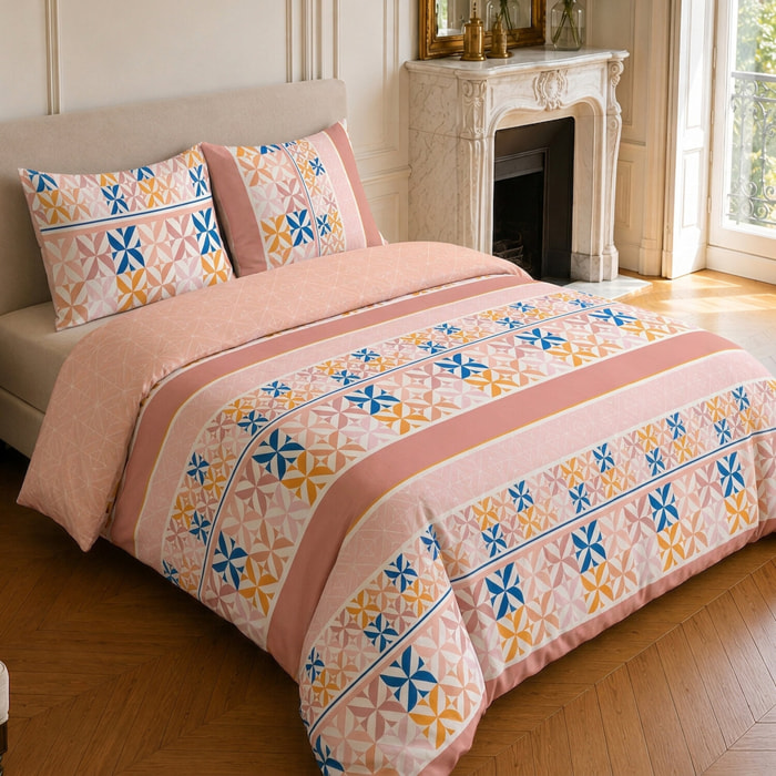 Parure housse de couette 100% microfibre motif géométrique - BLUEBERRY