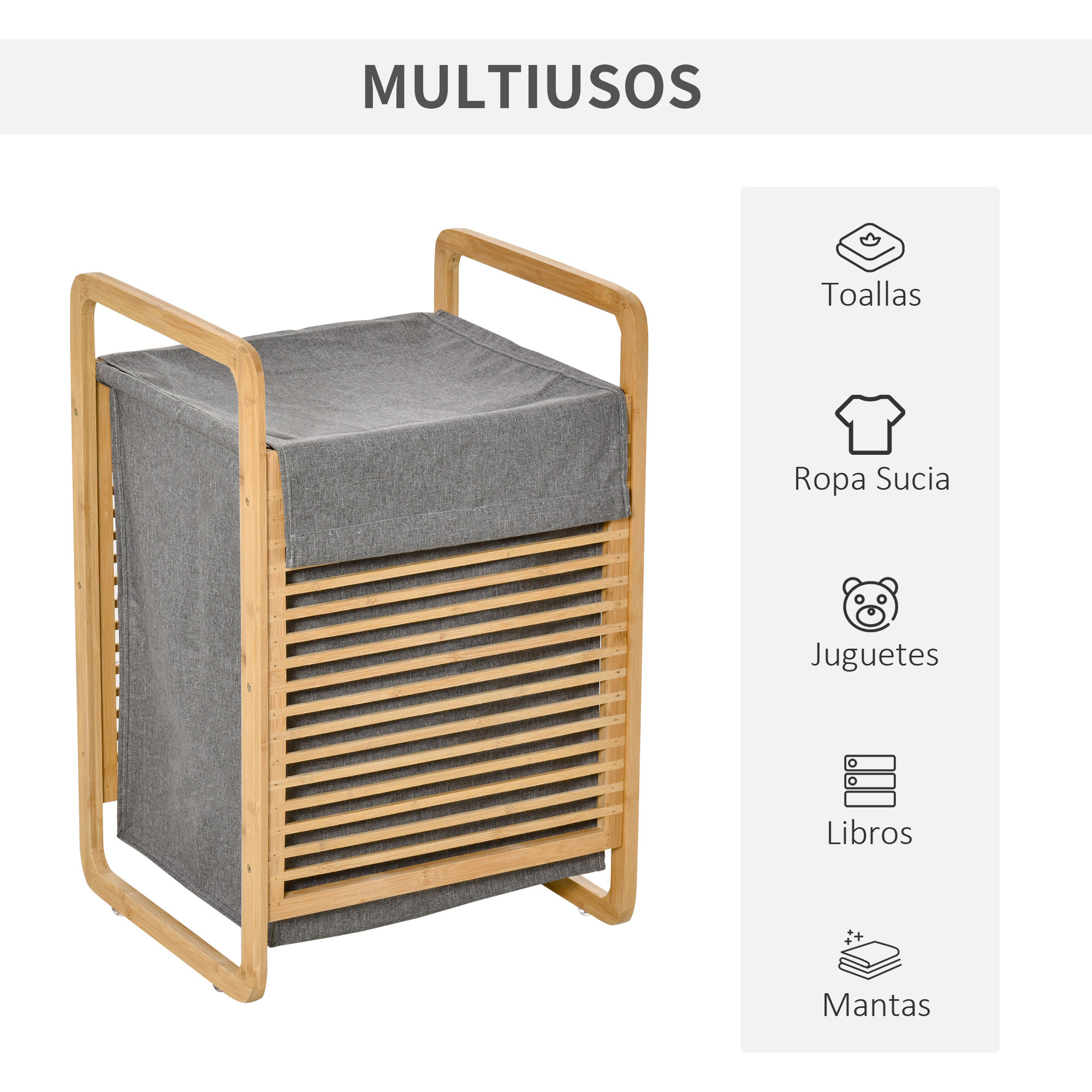 HOMCOM Cesto para Ropa Sucia de Bambú Cesto Rectangular de Ropa Portátil con Tapa y Bolsa Extraíble Mueble de Baño Dormitorio 40x35,5x60,5 cm Color Natural y Gris