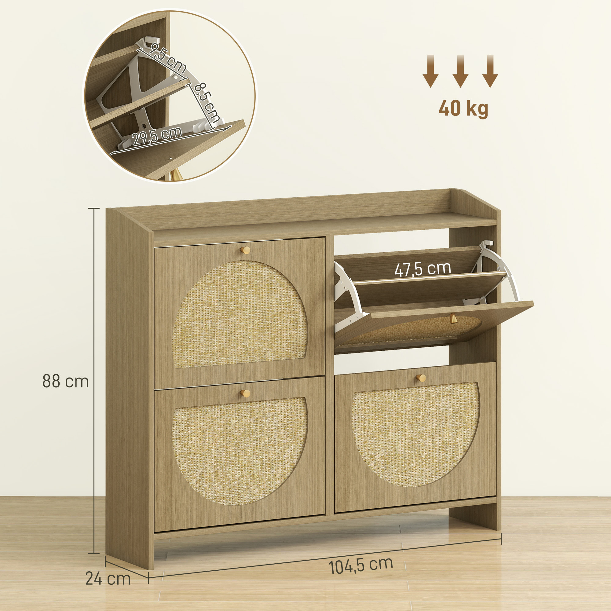 Zapatero Estrecho con 4 Puertas de Ratán, Zapatero Entrada Recibidor con Estantes Ajustables, para 16 Pares de Zapatos, para Espacios Reducidos, 104,5x24x88 cm, Natural