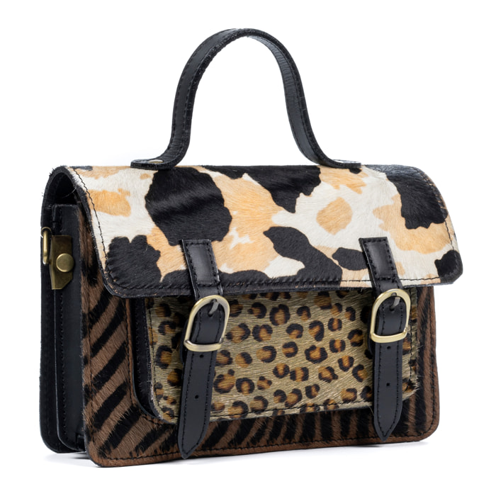 Assoro bolso Satchel con doble hebilla, piel auténtica Cavallino estampada.