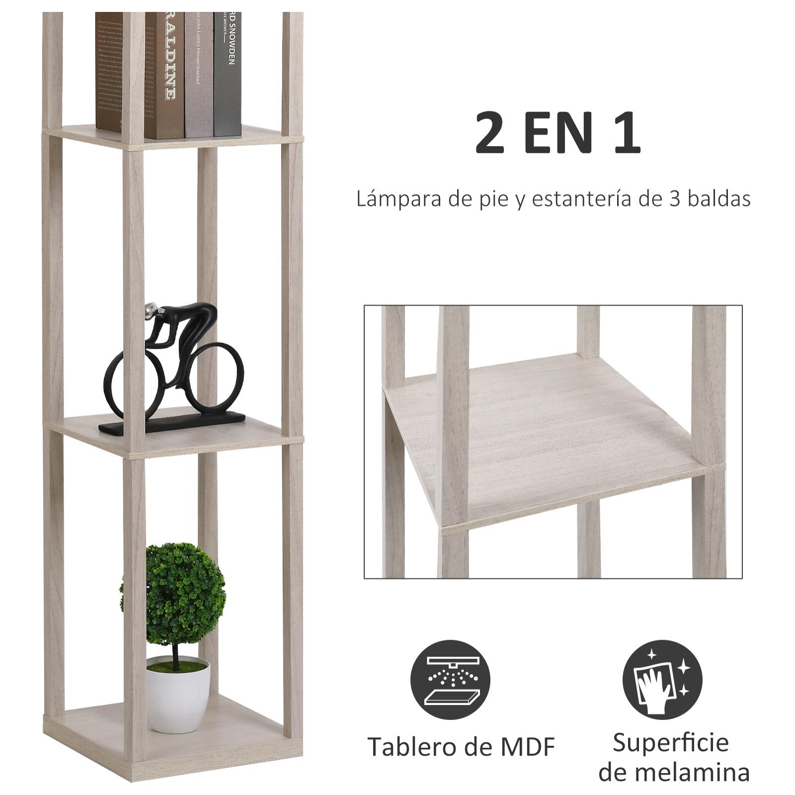 Lámpara de Pie de Madera con 3 Estantes de Almacenaje para Bombilla E27 Potencia Máx. 40W Lámpara Moderna para Salón Dormitorio 26x26x160 cm Roble y Blanco