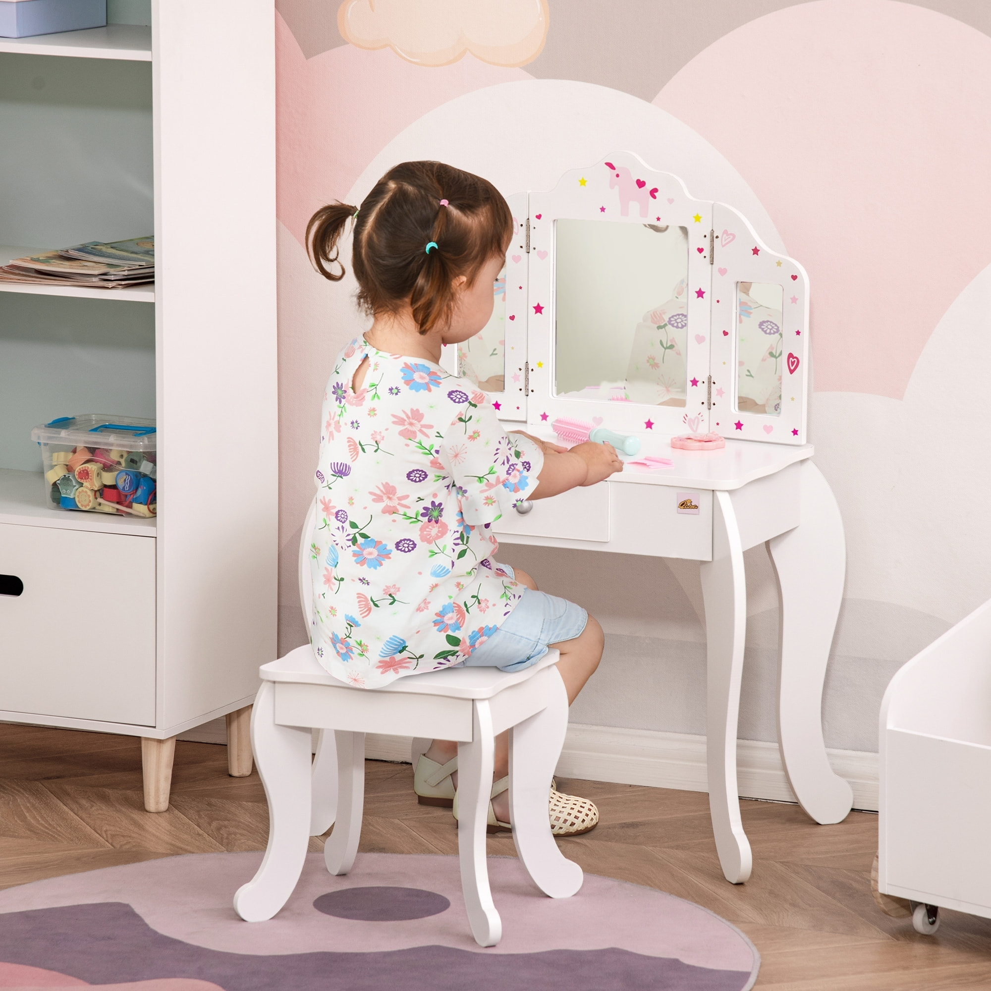 Coiffeuse enfant avec tabouret, miroir triptyque et tiroir coulissant - coiffeuse dim. 63L x 40l x 85,5H cm - MDF blanc, rose