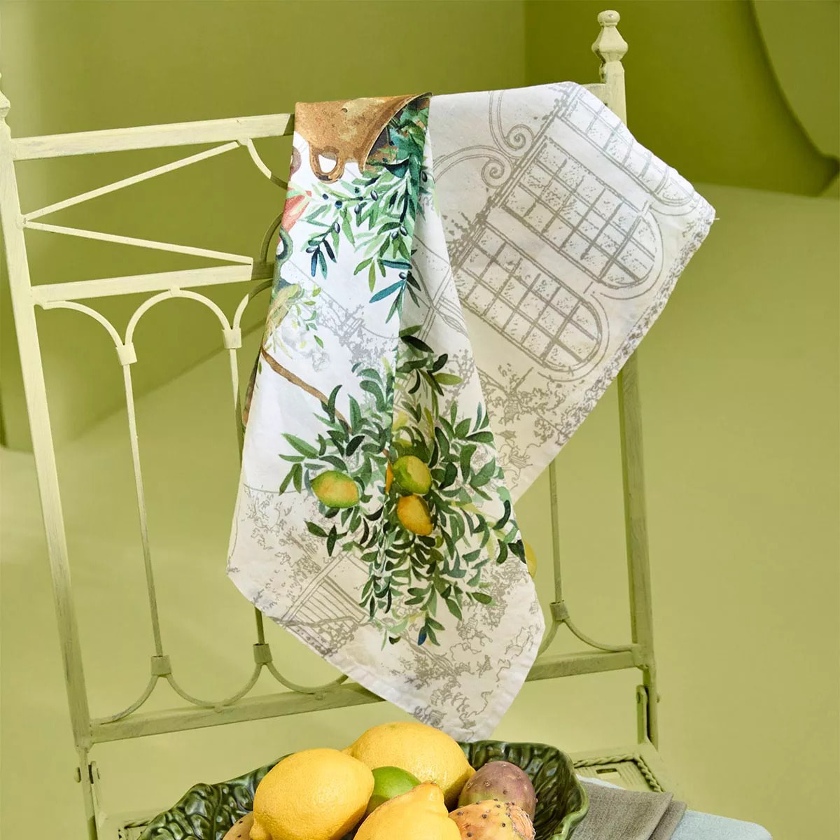 Serviette lin & coton lavé 190 g/m² imprimé vert marron Jardin provencal olive