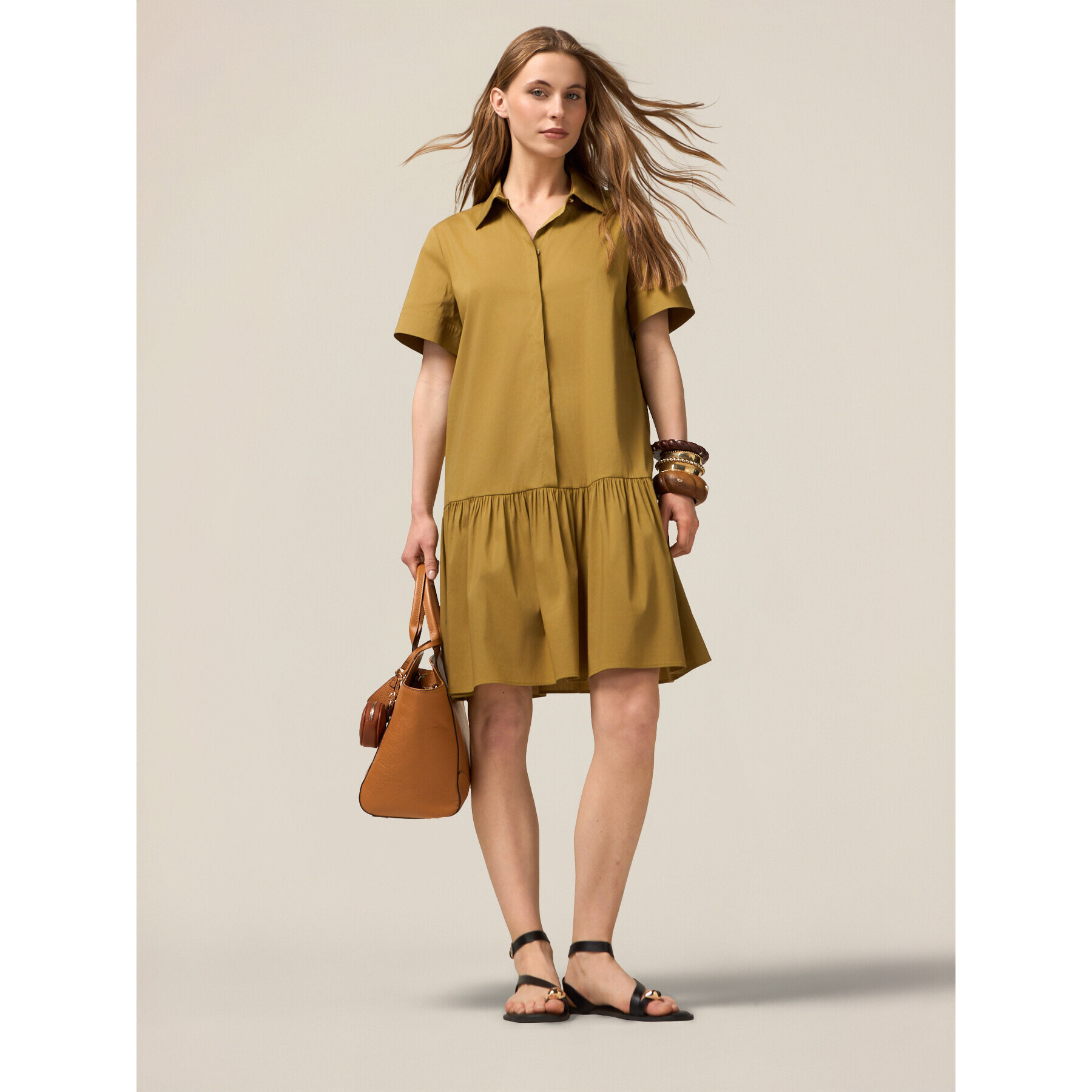 Oltre - Vestido camisero con volante - Verde