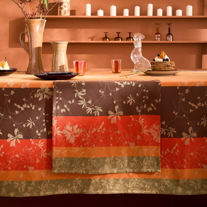Chemin de table pur coton 220 g/m² motif jacquard orange marron Mille lierres automne