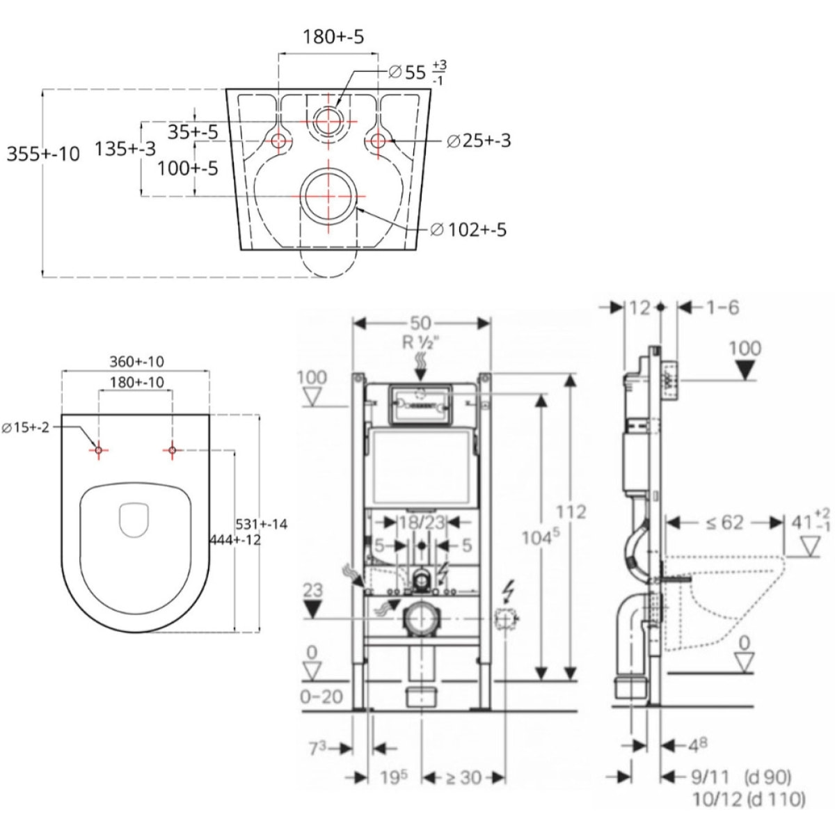 Pack WC sans bride Brevis, fixations invisibles + Abattant softclose slim + Bâti autoportant Geberit UP100 + Plaque blanche