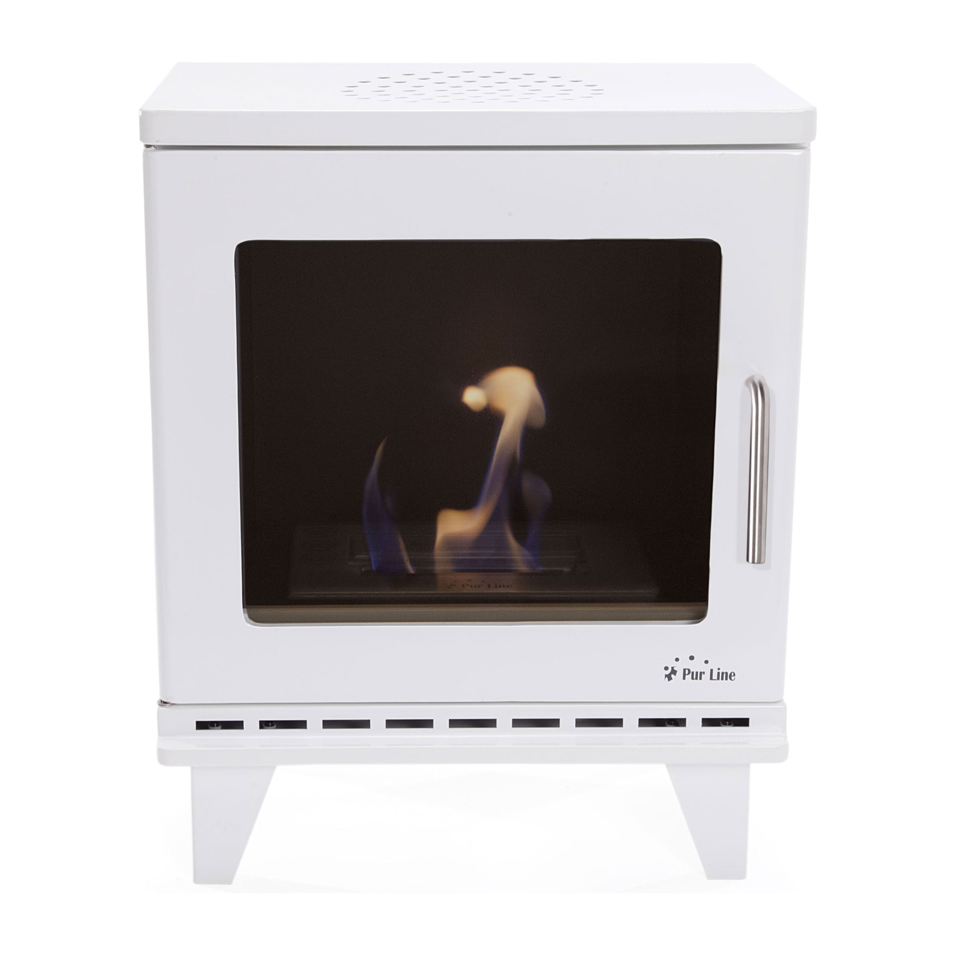 Poêle à éthanol 1,5kW design carré en acier blanc avec pieds