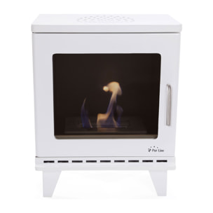 Poêle à éthanol 1,5kW design carré en acier blanc avec pieds