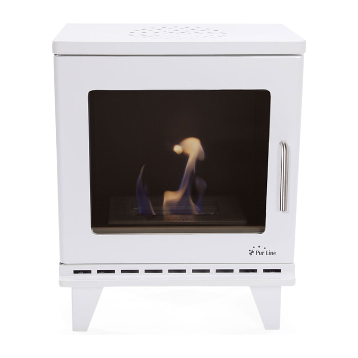 Poêle à éthanol 1,5kW design carré en acier blanc avec pieds