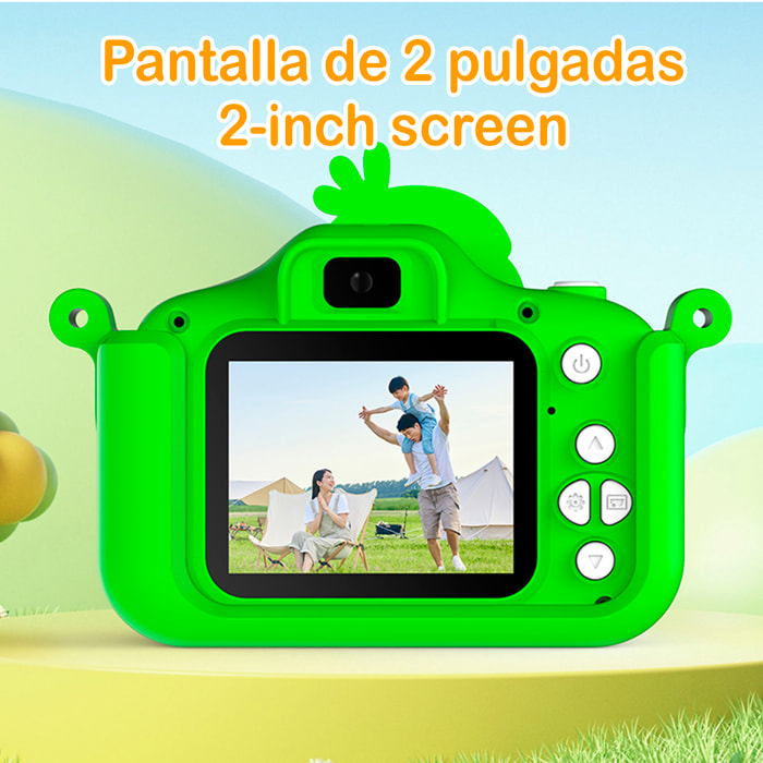 Cámara infantil de fotos y video. 44mpx y video FHD, zoom digital 8x. Cámara trasera para selfies, juegos incorporados. Funda de silicona diseño loro.