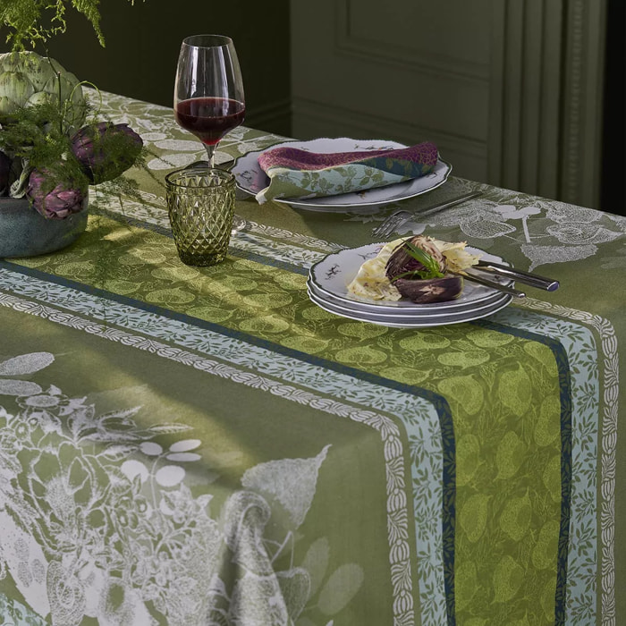 Nappe pur coton motif jacquard vert Mille botanique mousse