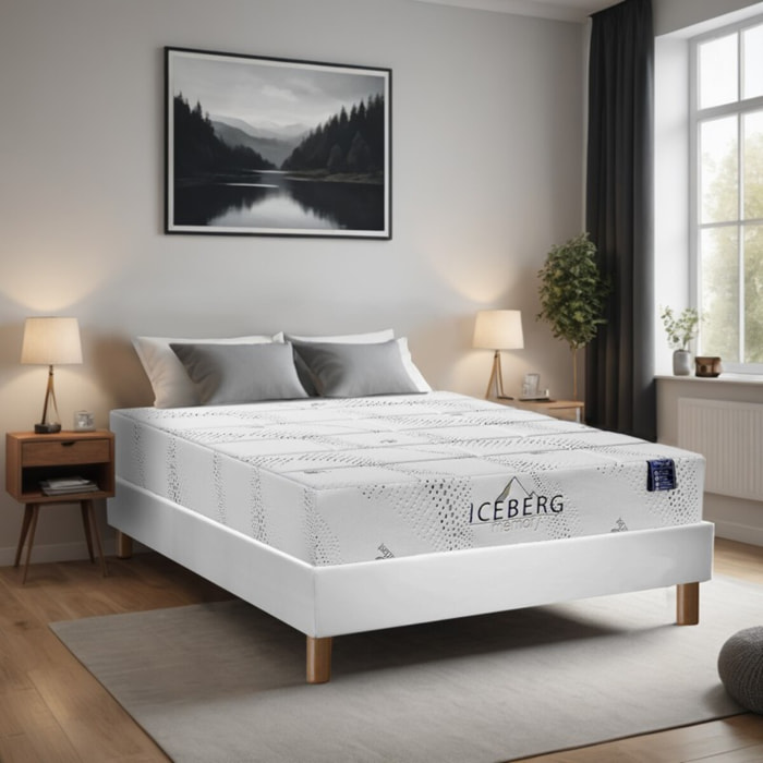 Ensemble Matelas Iceberg & sommier déco | 25 cm | Mémoire de forme et gel rafraîchissant | Cadre à lattes | Simili cuir | Blanc
