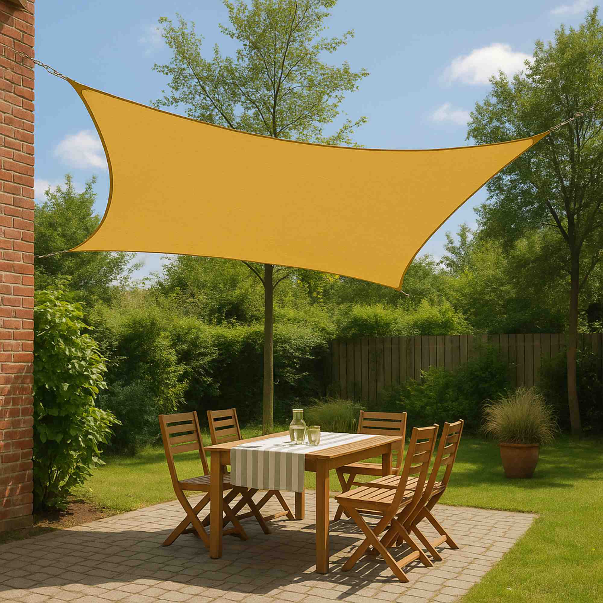 Sombrilla de tela para exterior 3x3m en amarillo ocre Pantone 16-0945TPG, ganchos de metal y bolsa de transporte incluida