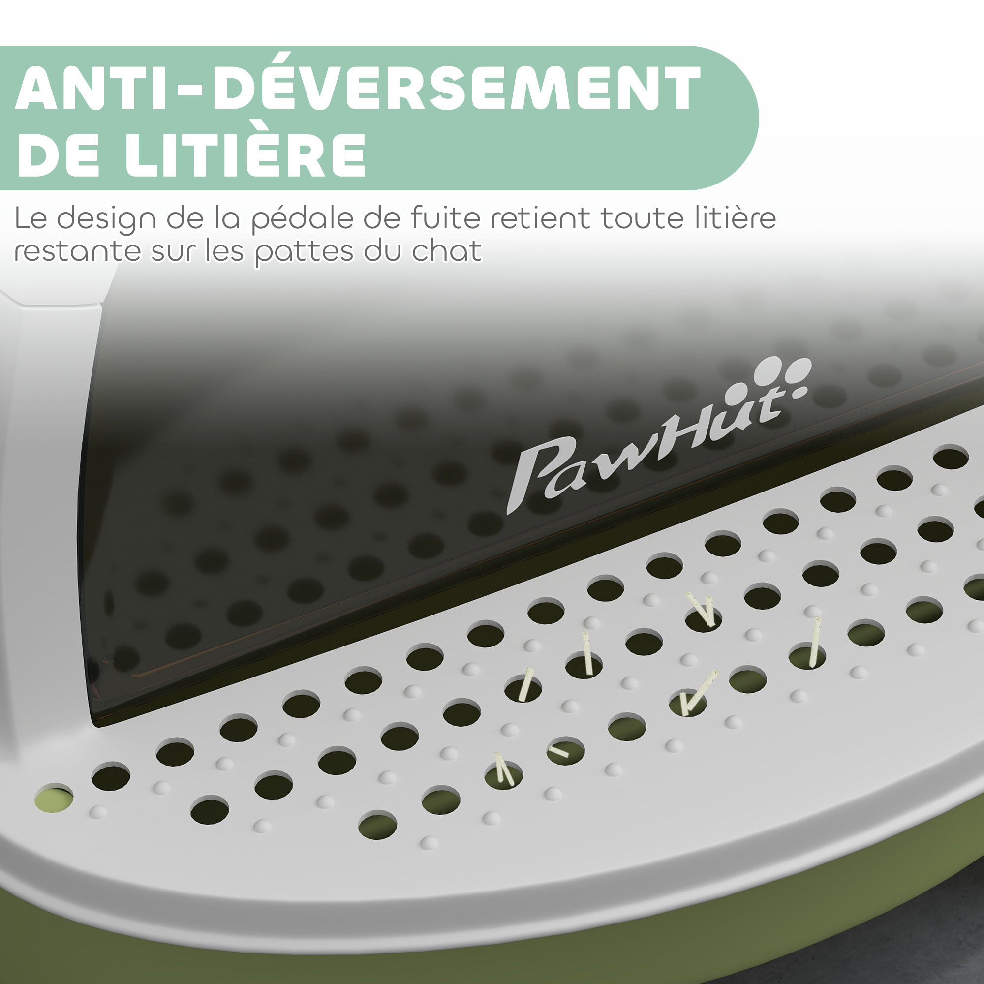 Maison de toilette chat design - porte fumée, pelle, 2 sacs désodorisation, tiroir litière coulissant, poignée - blanc vert