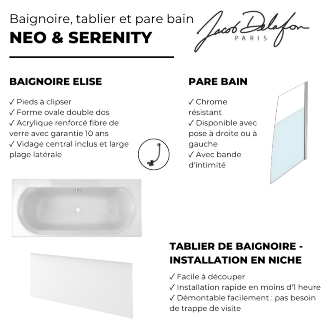 Baignoire droite 180 X 80 Elise acrylique + pare bain volet droite + tablier en niche + vidage