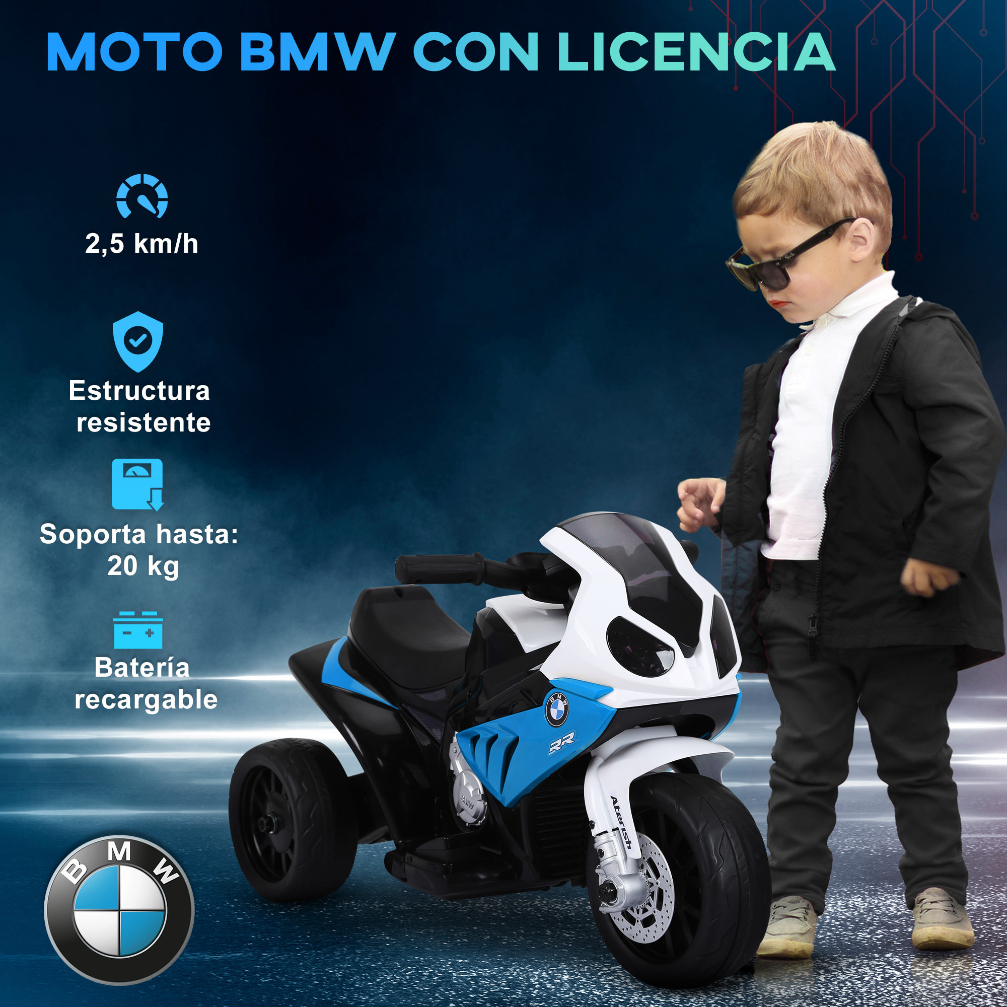 Moto Eléctrica para Niños de 18-36 Meses con Licencia BMW S1000RR Motocicleta de Batería 6V Moto Infantil con Velocidad 2,5 km/h Música Carga 20 kg 66x37x44 cm Azul