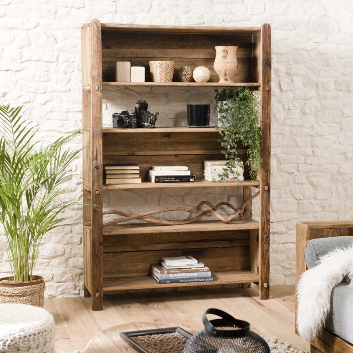 SANDY - Étagère marron 5 niveaux bois Pin recyclé