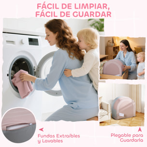 Sofá Infantil Convertible, Sofá para Niños con Cojín de Corona, Plegable en Cama y Zona de Juego, Tapizado de Terciopelo Suave, para Niños 18-36 Meses, Rosa y Azul Grisáceo