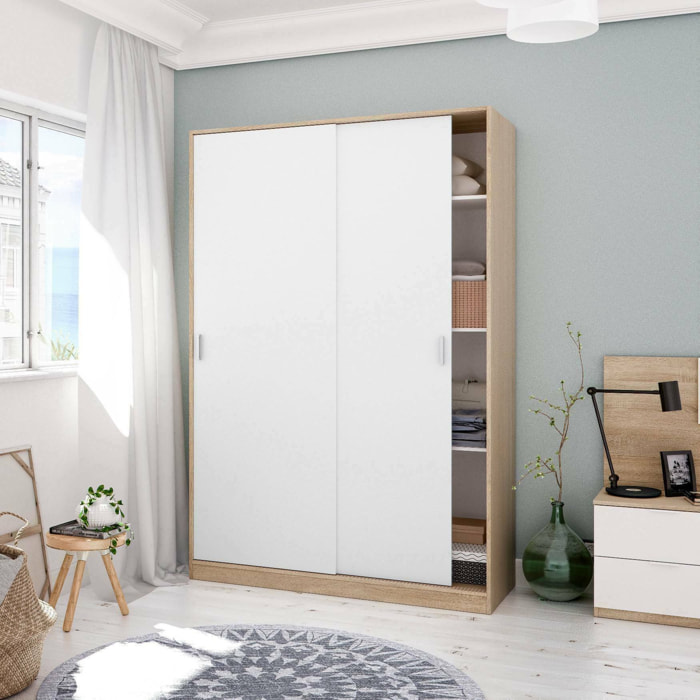 Guardaroba 2 ante Adrenalin, Armadio per camera da letto, Mobile con 4 ripiani e barra appendiabiti, 120x50h200 cm, Rovere e Bianco