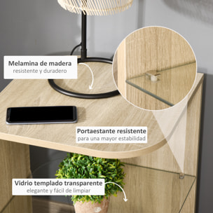 HOMCOM Mesita Auxiliar de Salón Moderna Mesilla de Noche con 3 Estantes Tablero de Cristal Mesita de Café para Sala de Estar Dormitorio 40x40x56 cm Madera Natural