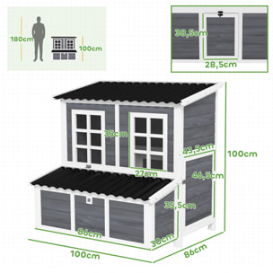 Poulailler cottage en bois 3 pondoirs toit ouvrant porte 2 fenêtres plateau déjection 100x86x100cm gris blanc noir