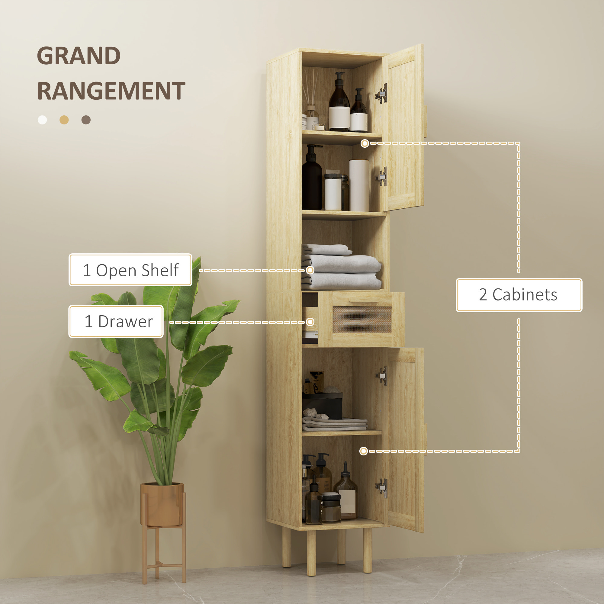 Colonne de salle de bain style bohème H. 170 cm - 2 portes, étagères, tiroir, niche - effet rotin bois clair