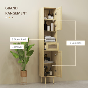 Colonne de salle de bain style bohème H. 170 cm - 2 portes, étagères, tiroir, niche - effet rotin bois clair
