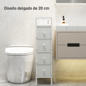 Cómoda con 4 Cajones de Tela, Cómoda para Dormitorio Estrecha con Marco de Acero, Cajonera para Espacios Pequeños, Sala de Estar, Vestidor, Baño, Blanco